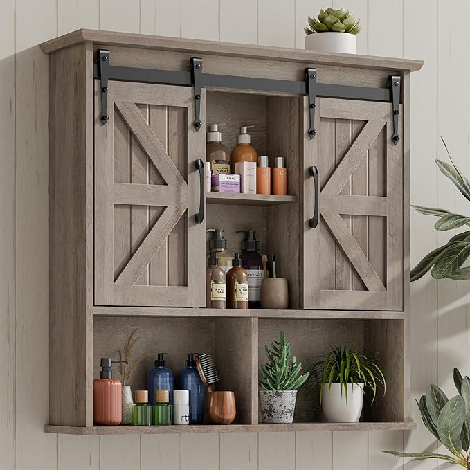 Bathroom Wall Cabinet, Farmhouse Medicine Cabinet with Double Sliding Barn Door and Adjustable Shelves, Wooden Vintage Storage Cabinet Wall Mounted for Bathroom, Kitchen Dining, White
