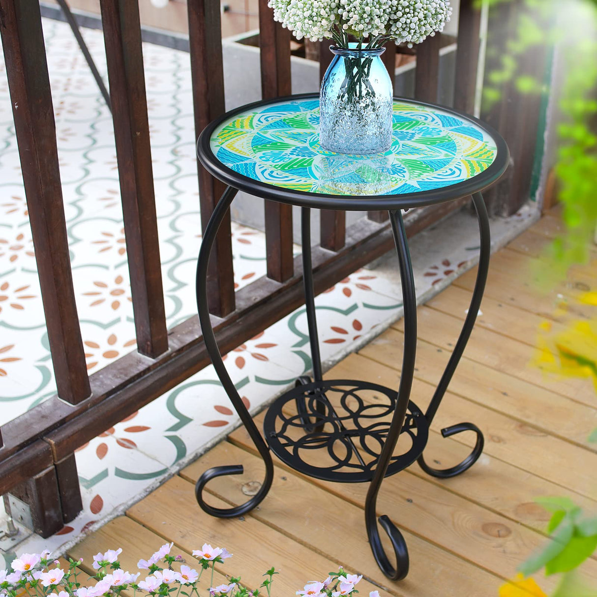 Mosaic Outdoor Side Table, 14" Round Patio Side Table, Mosaic Plant Stand, End Table