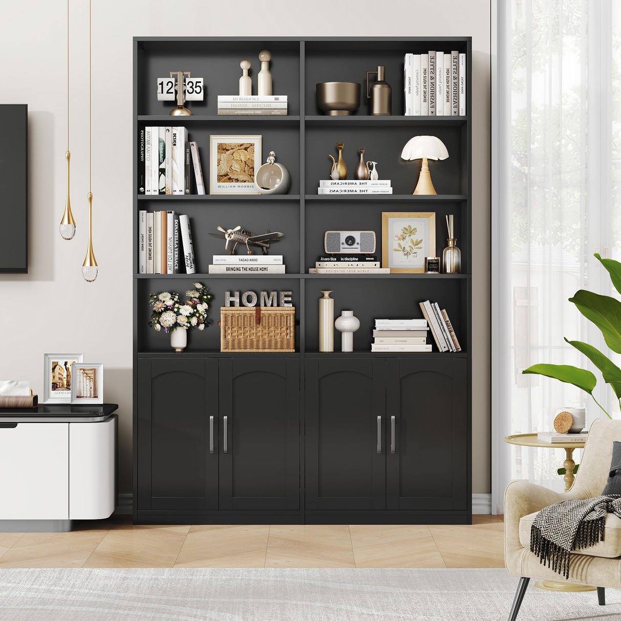 Bookshelf and Bookcase with Doors, 6 Tier Double Wide Large Bookshelves, Open Display Shelves, 73'' Tall Bookshelf with Storage Cabinets for Home Office, Living Room, Library, Black