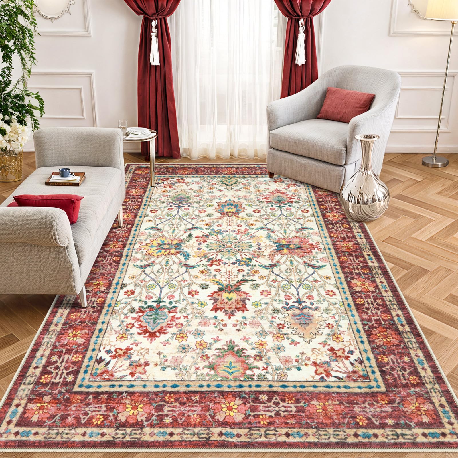 Red 5x7 Area Rugs for Living Room, Washable Rugs for Bedroom Non Slip