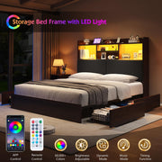 LUXOAK King Farmhouse Bed Frame with Bookcase Headboard and 4 Drawers, LED Storage Bed with Charging Station & Linen Upholstered, No Box Spring Needed, Reclaimed Barnwood