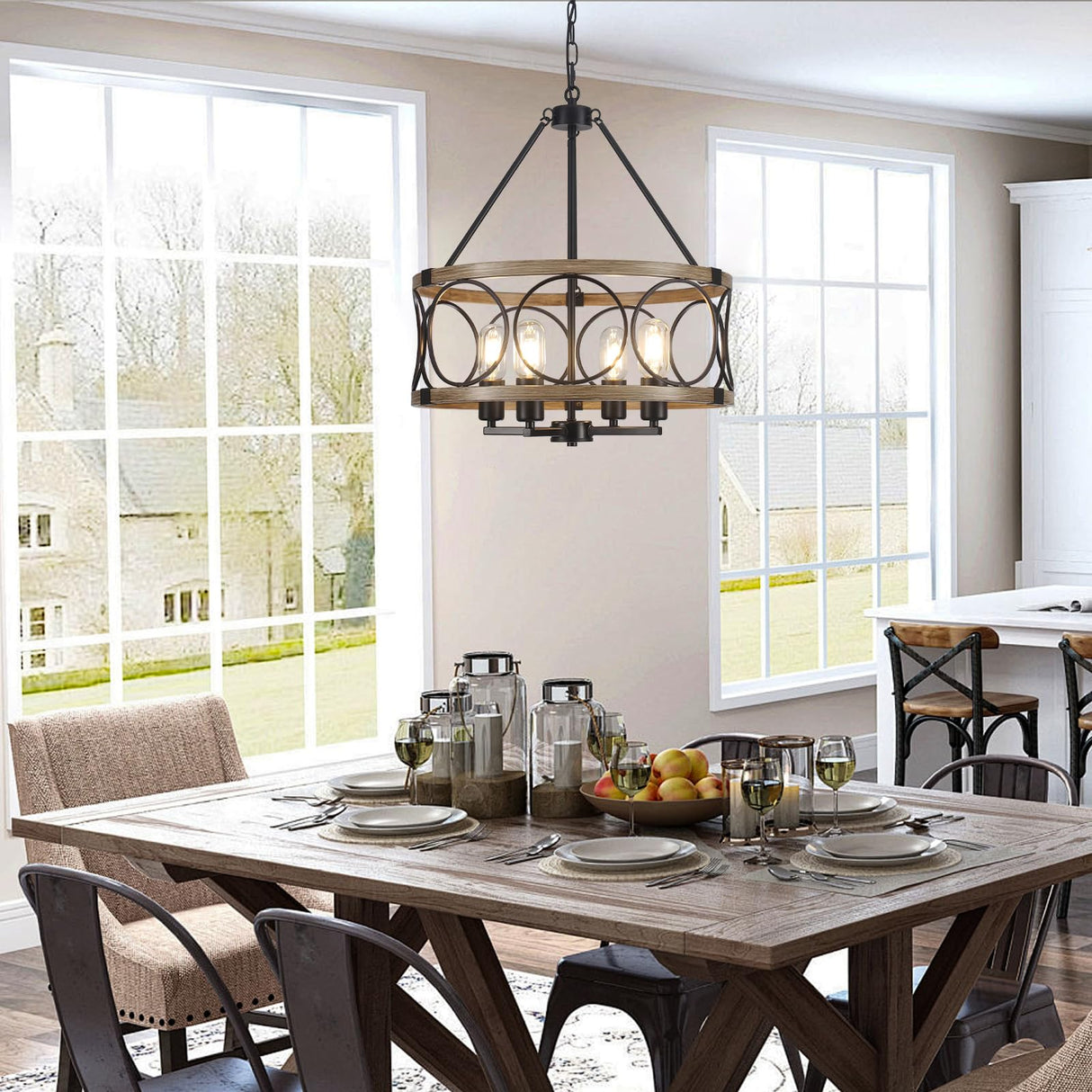 4-Light Farmhouse Chandelier, Rustic Faux Wood Chandeliers Dining Room Light Fixture