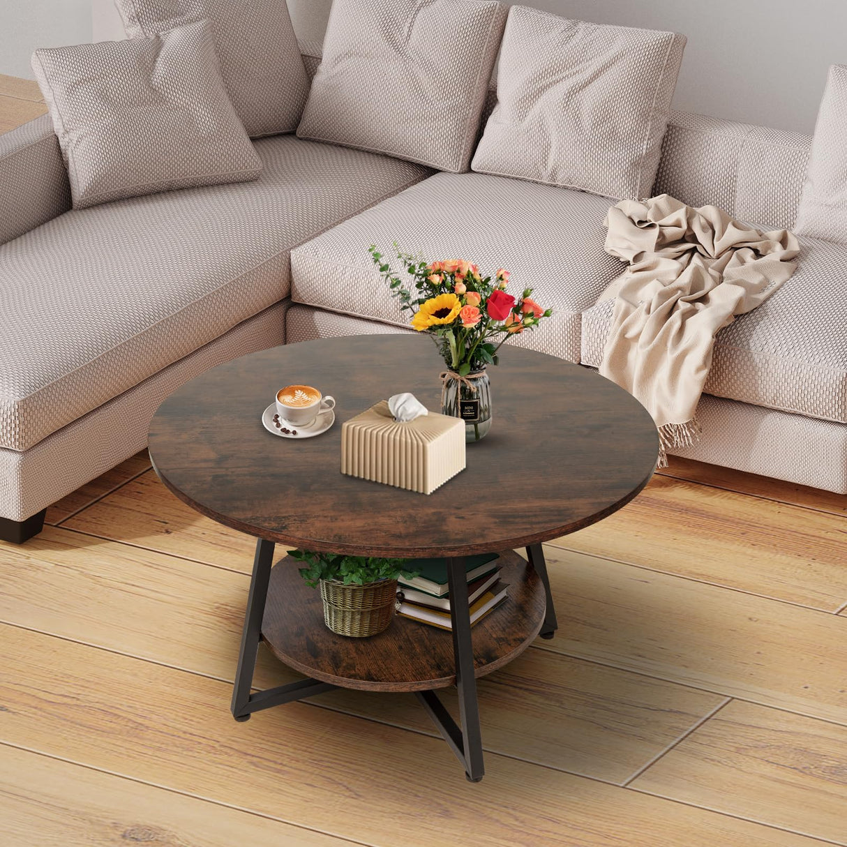 Round Coffee Table, 2-Tier Circle Coffee Table with Storage
