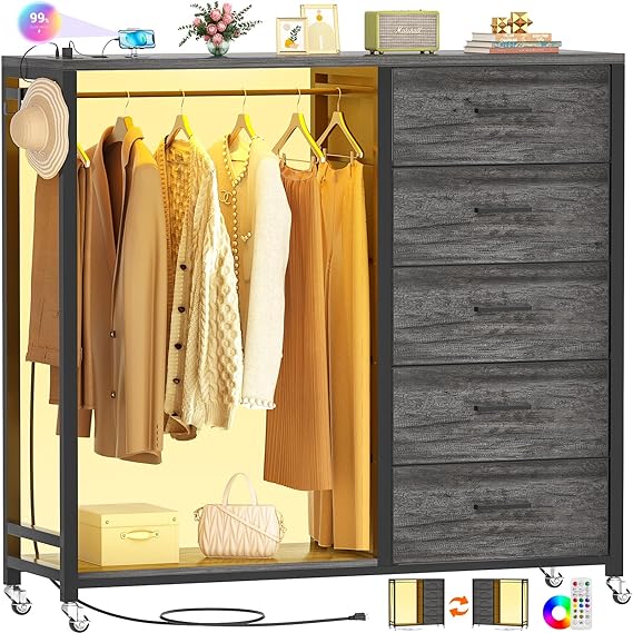 Dresser with Clothes Rack, 5 Drawers Dresser