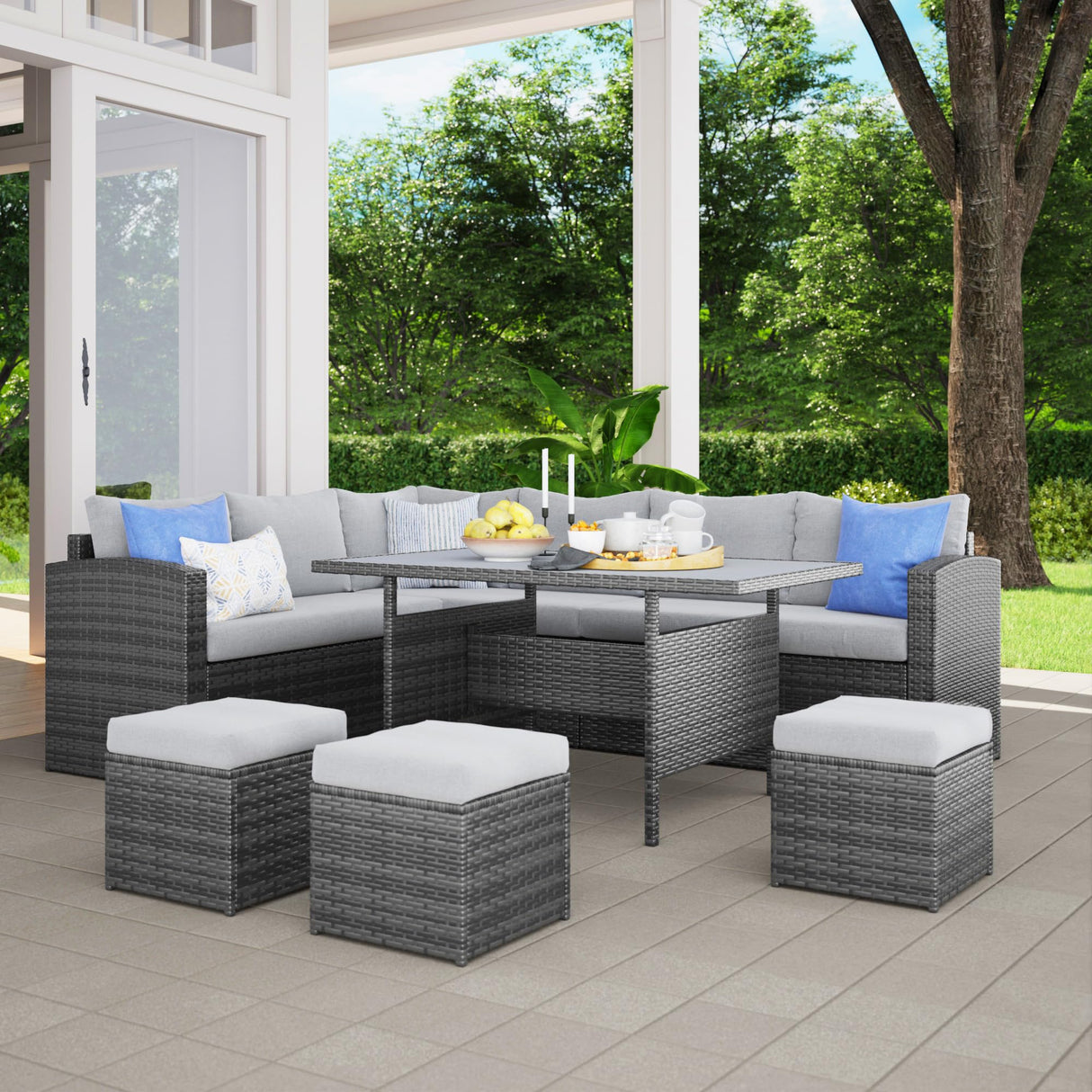 7 Piece Patio Furniture Set, All Weather Wicker Patio Conversation Sets with Cushion Seat