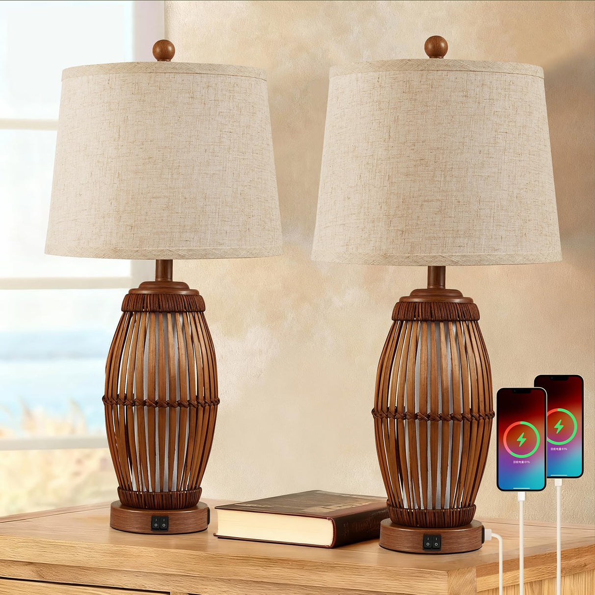 27" Vintage Bamboo Woven Table Lamps Set of 2 with USB Charging