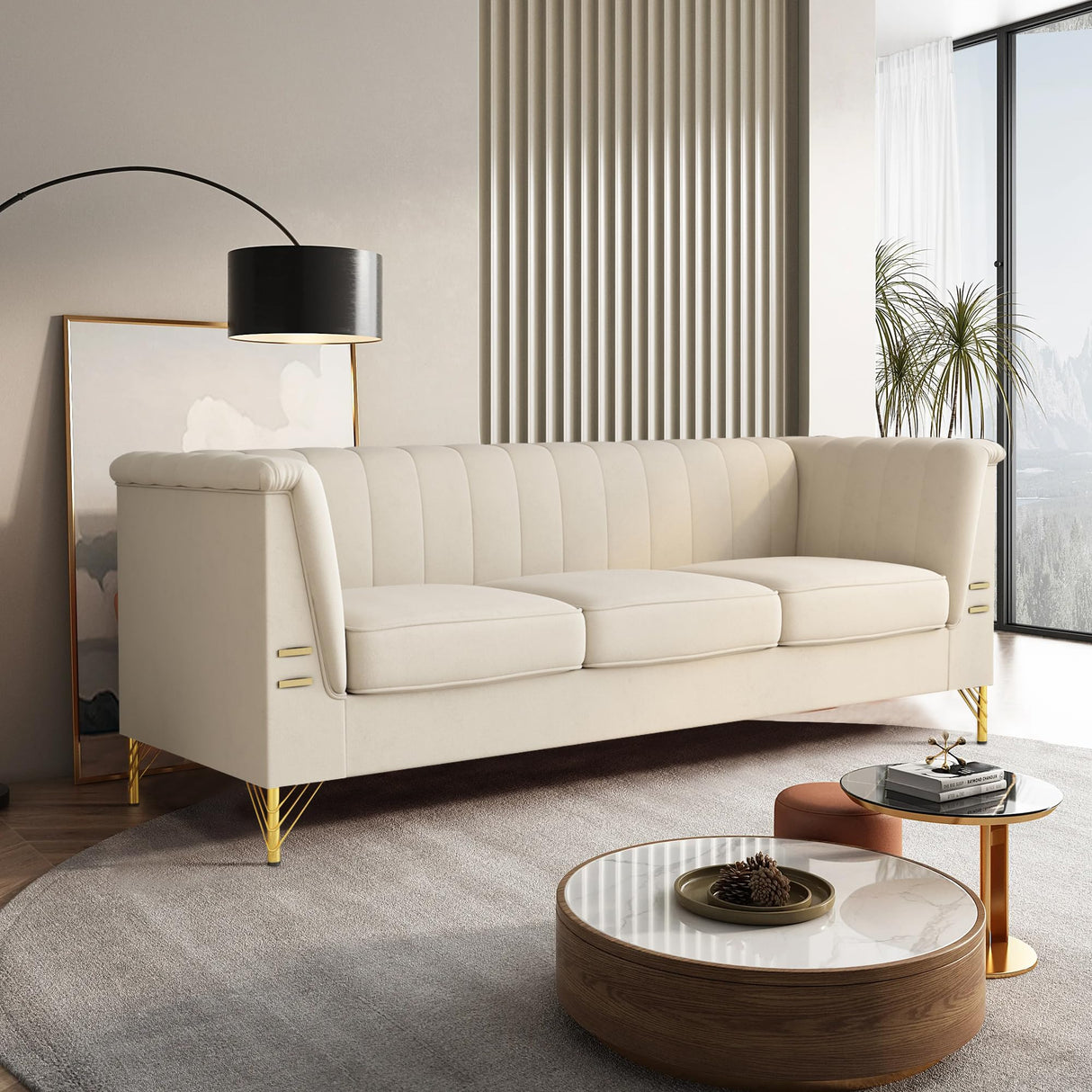 WeaArco 83 Inches 3 Seater Couch,Modern Velvet Sofa Couch with Gold Metal Legs,Mid-Century Modern Couch High Arm for Living Room,Bedroom,Office (Beige)