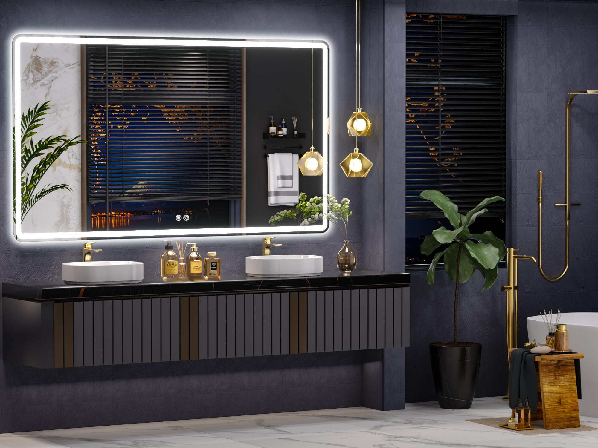 60x30inch LED Bathroom Mirror Rounded Corner Rectangle Frameless,