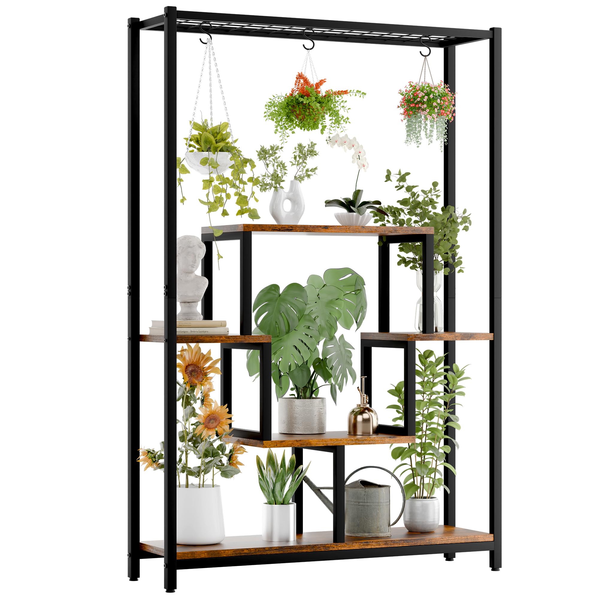 Indoor Tall Plant Stand, 70.9 inches Large Metal Plant Shelf with 10 Hanging Hooks