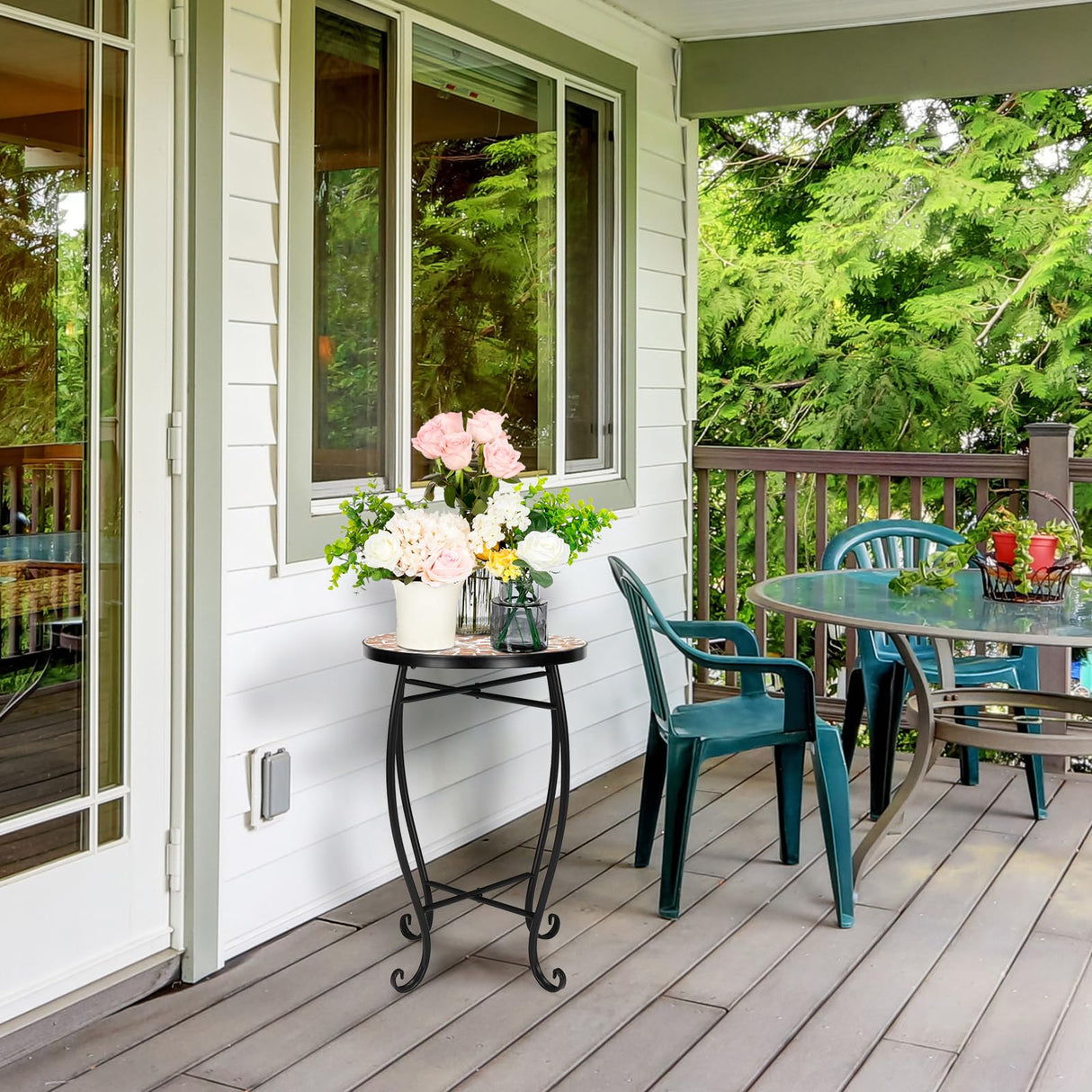 Mosaic Outdoor Side Table, 14" Round End Table, Accent Table, Plant Stand Ideal