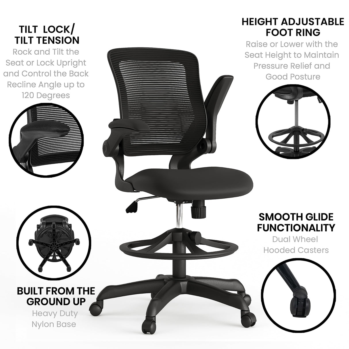 Back Swivel Office Chair with Adjustable Foot Ring, Lumbar Support, and Seat Height,
