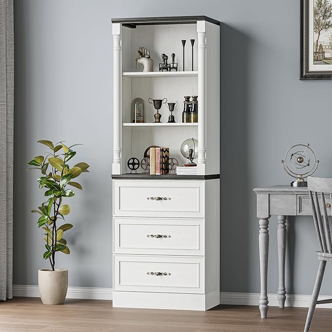 Bookcase with Drawers, 71 Inch Tall Storage Cabinet with 3 Drawers and 3-Tier Open