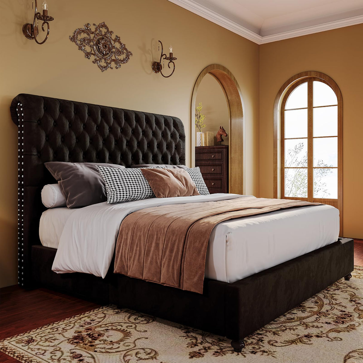King Bed Frame Upholstered Platform Bed Frame with 52.8'' Tall Sleigh Headboard