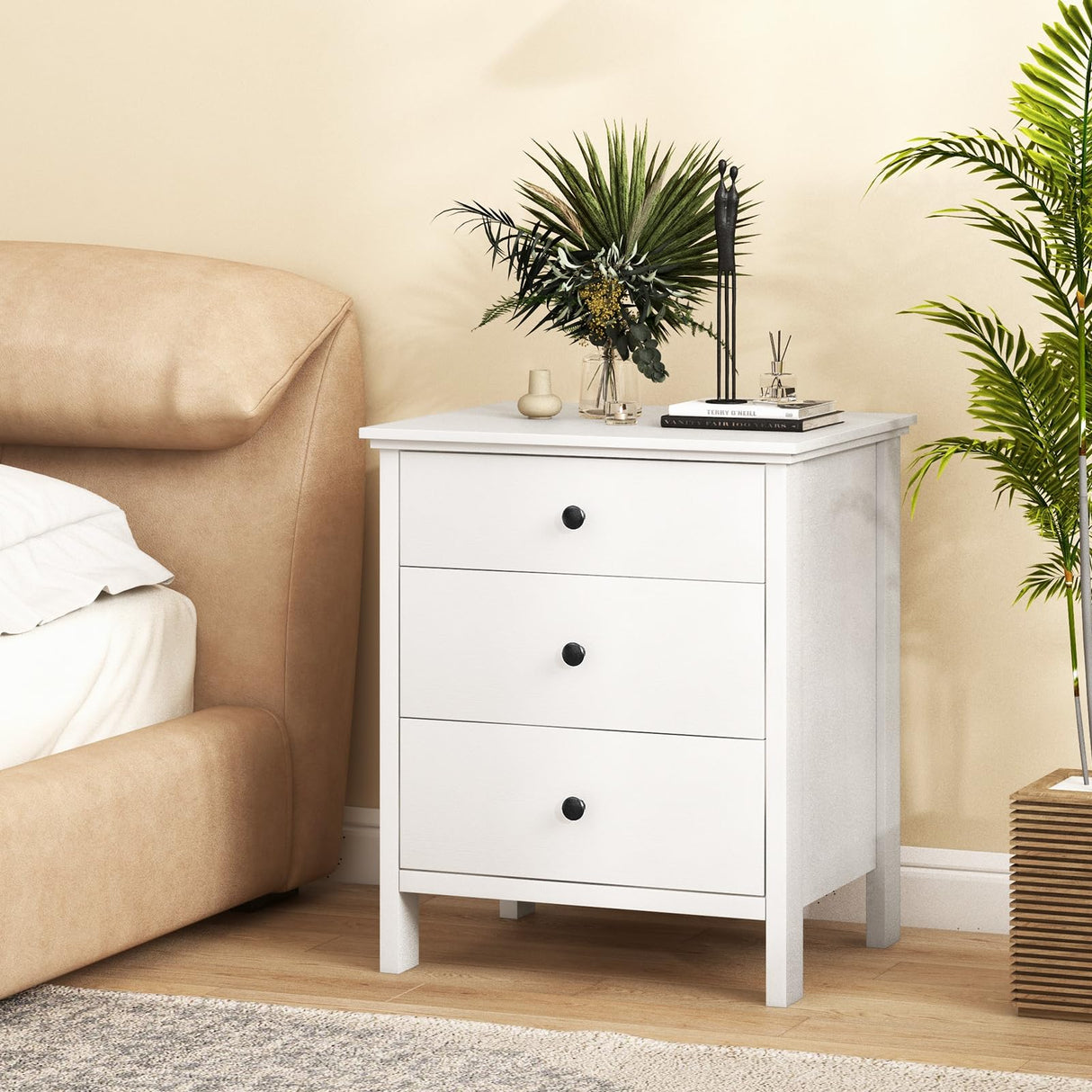 Nightstand with 3 Drawers Set of 2, Wooden Side End Table