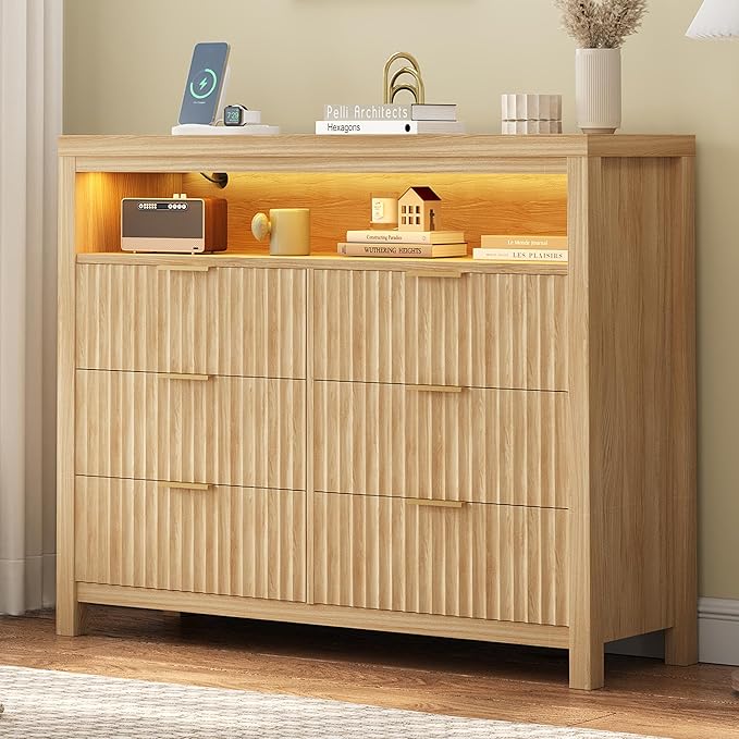 Fluted 6 Drawer Dresser with Power Outlet and LED Lights,Modern Chest of Drawers