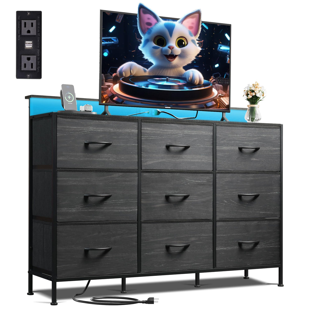 WLIVE Black Dresser TV Stand for 50, 55 inch, Led Dresser for Bedroom, Chest of Drawers with LED Lights, Charging Station, Clothes Storage with 9 Drawers, Wood Top, Living Room, Closet
