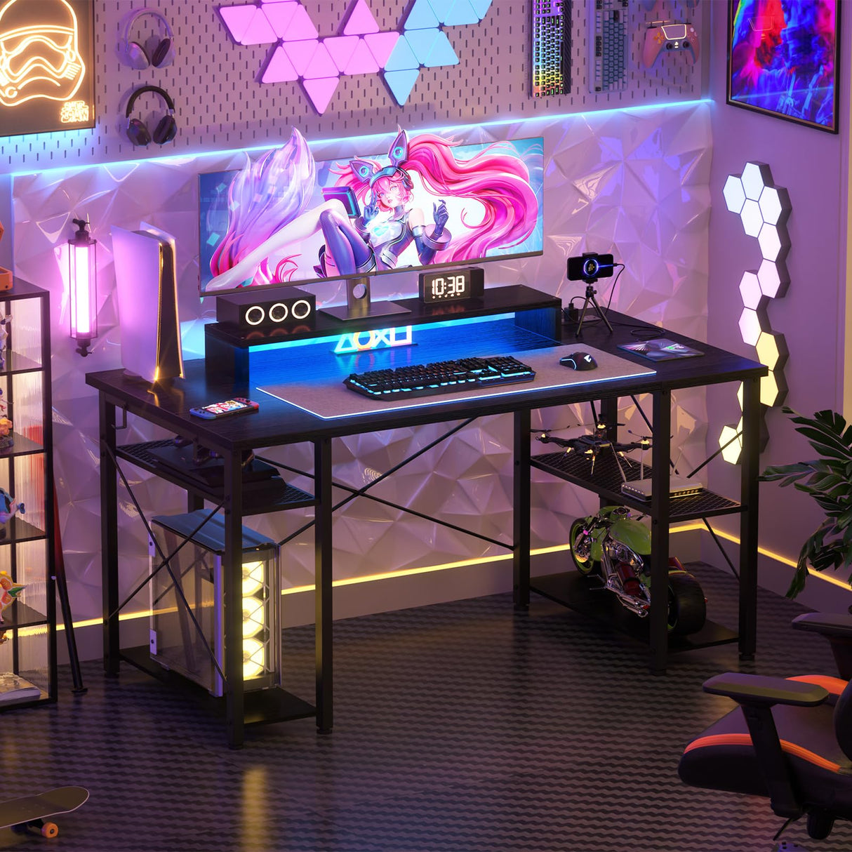 47 Inch Gaming Desk - Computer Desk with LED Lights & Power Outlet, Home Office Writing Desk