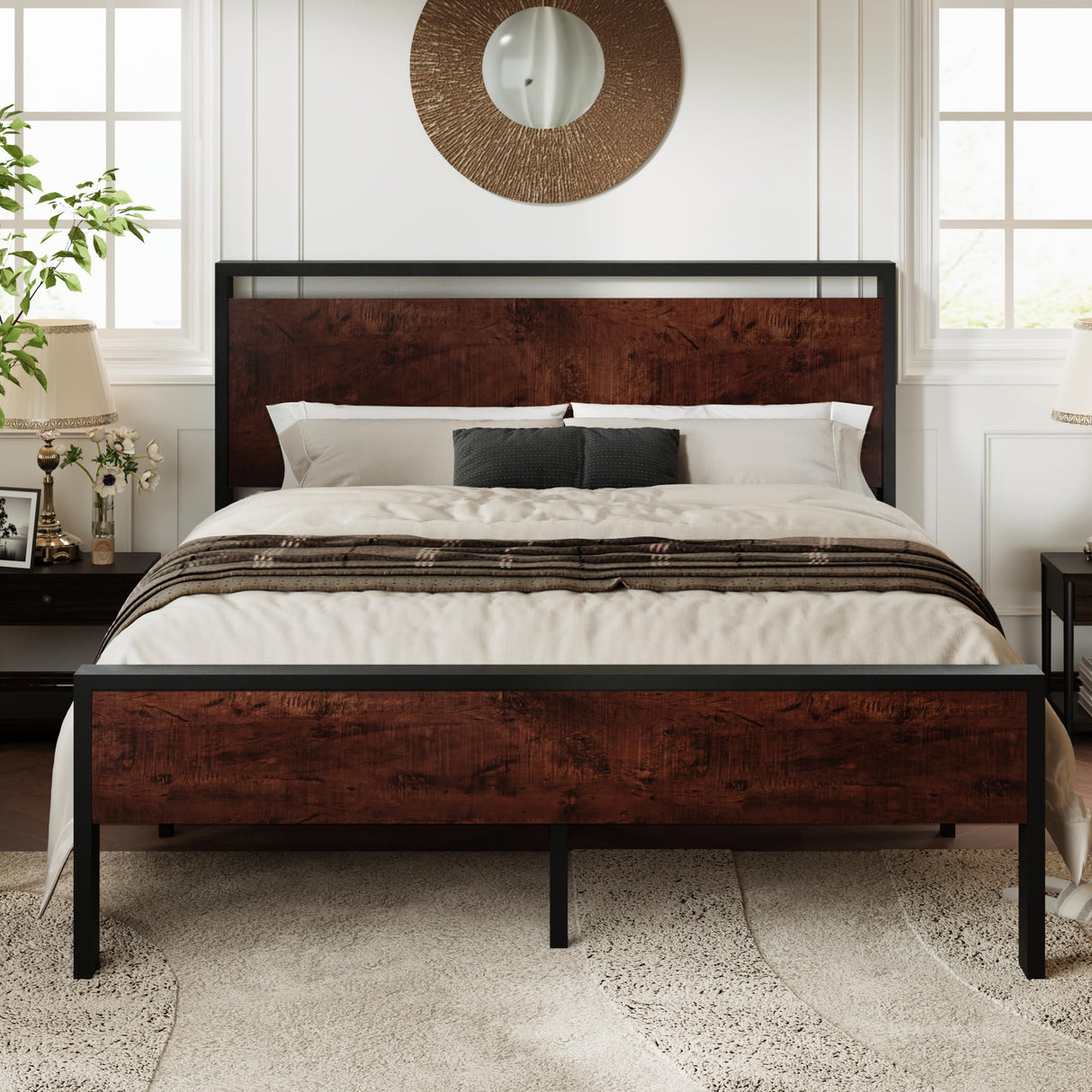 Queen Size Platform Bed Frame with Wooden Headboard and Footboard