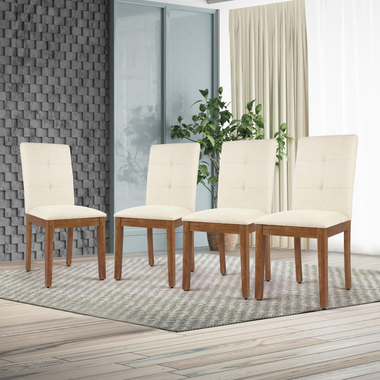 Modern Upholstered Dining Chairs Set of 4 - Fabric Kitchen Chairs with Wood Legs