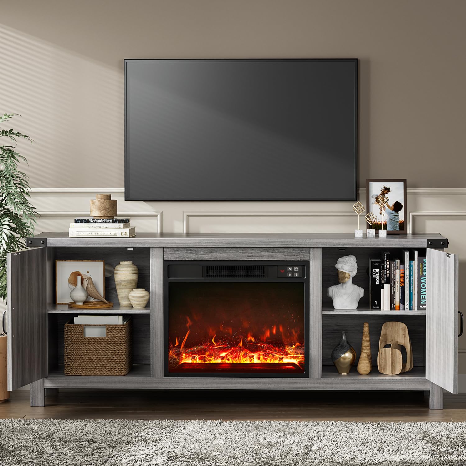 Fireplace TV Stand with Two Barn Doors and Storage Cabinets for Televisions up to 65