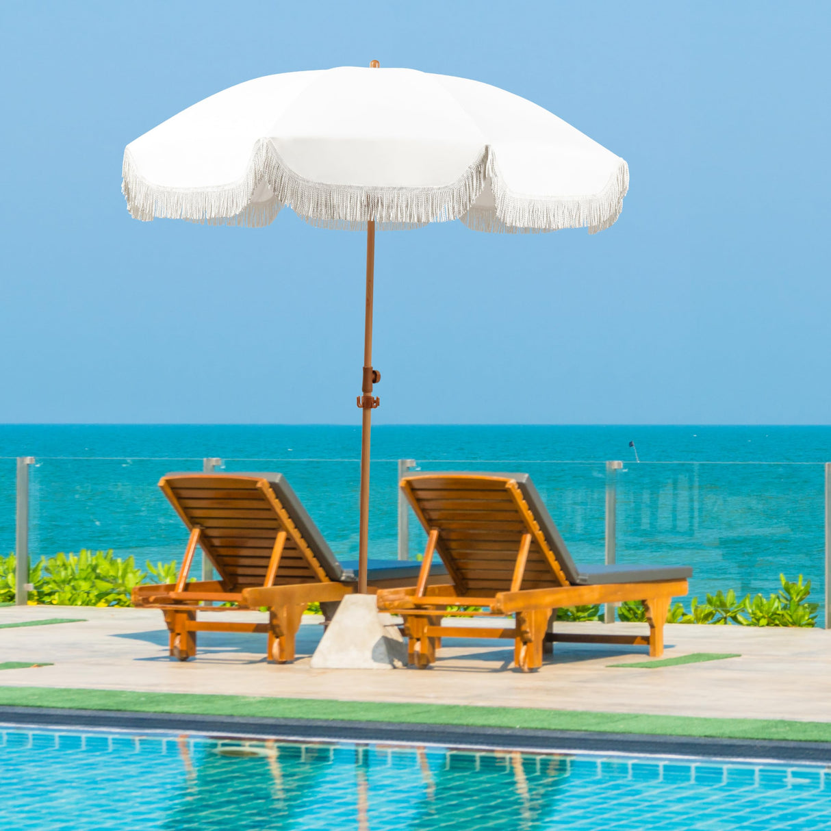 6.5ft Patio Umbrella with Fringe, Beach Umbrella, Fringe Umbrella Outdoor Patio