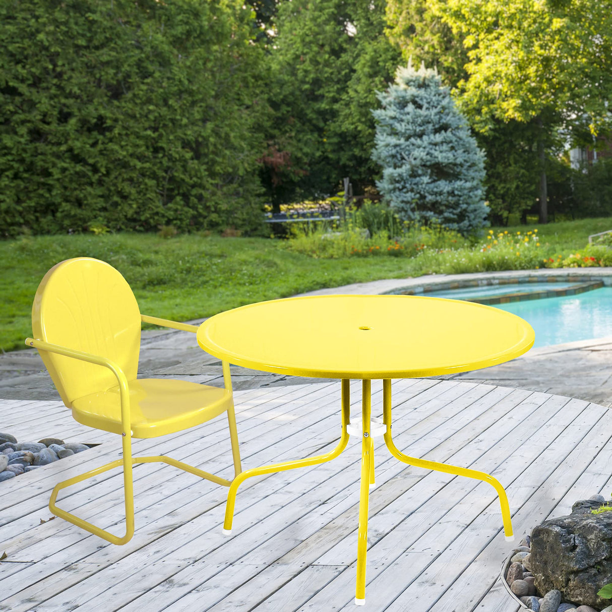 39.25" Yellow Retro Metal Tulip Outdoor Dining Table