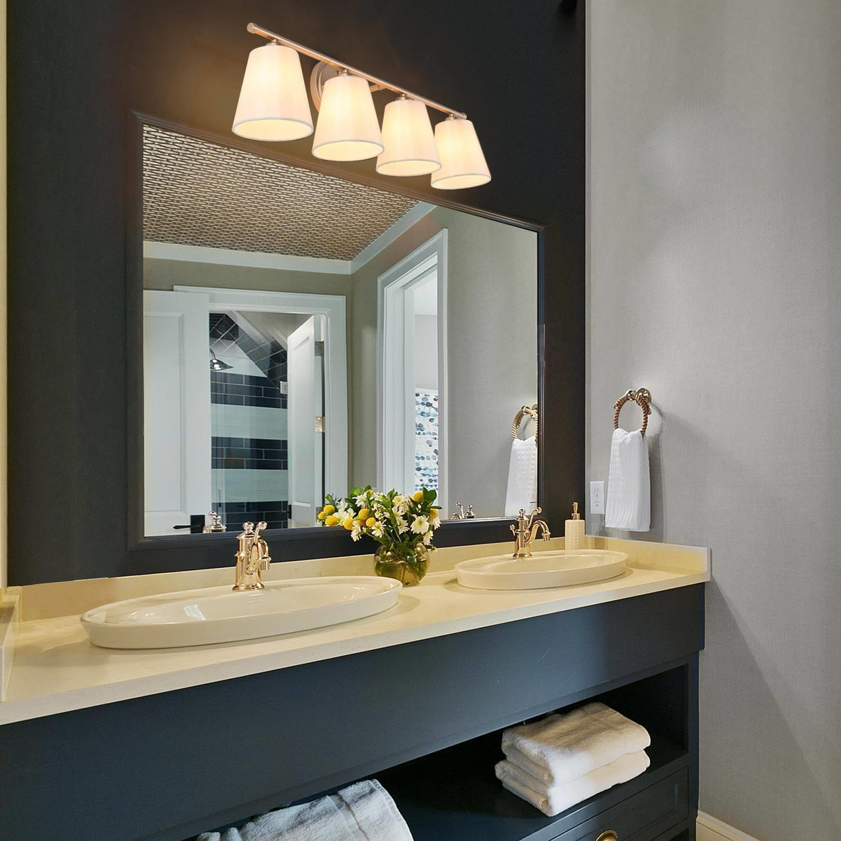 Gold Bathroom Light Fixtures, 4 Light Modern Vanity Lights with White Fabric Shades