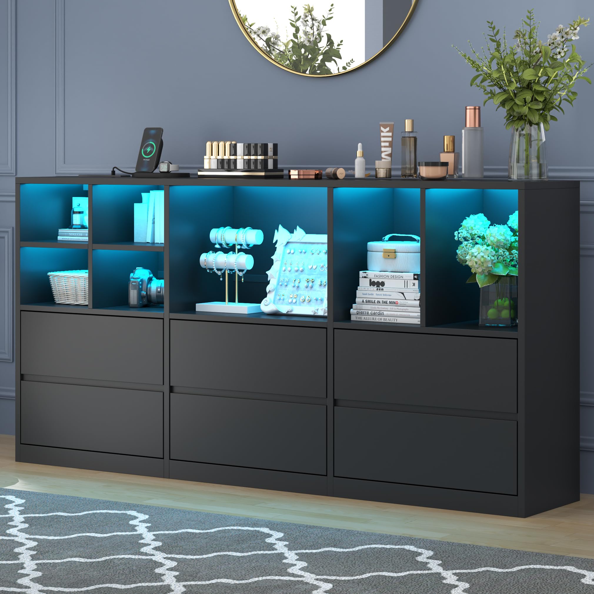 6 Drawers Dresser with 7 Storage Cubbies, LED Chest of Drawers