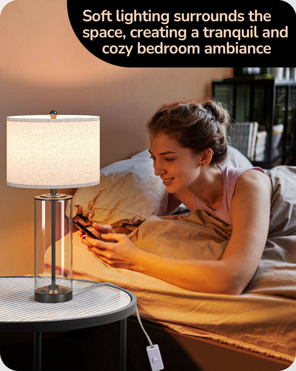 EDISHINE 23.6" Glass Table Lamp Set of 2, DIY Refillable Bedside Lamp with Linen Lampshade & Rotary Switch, E26 Base, Nightstand Light for Living Room, Bedroom, Office