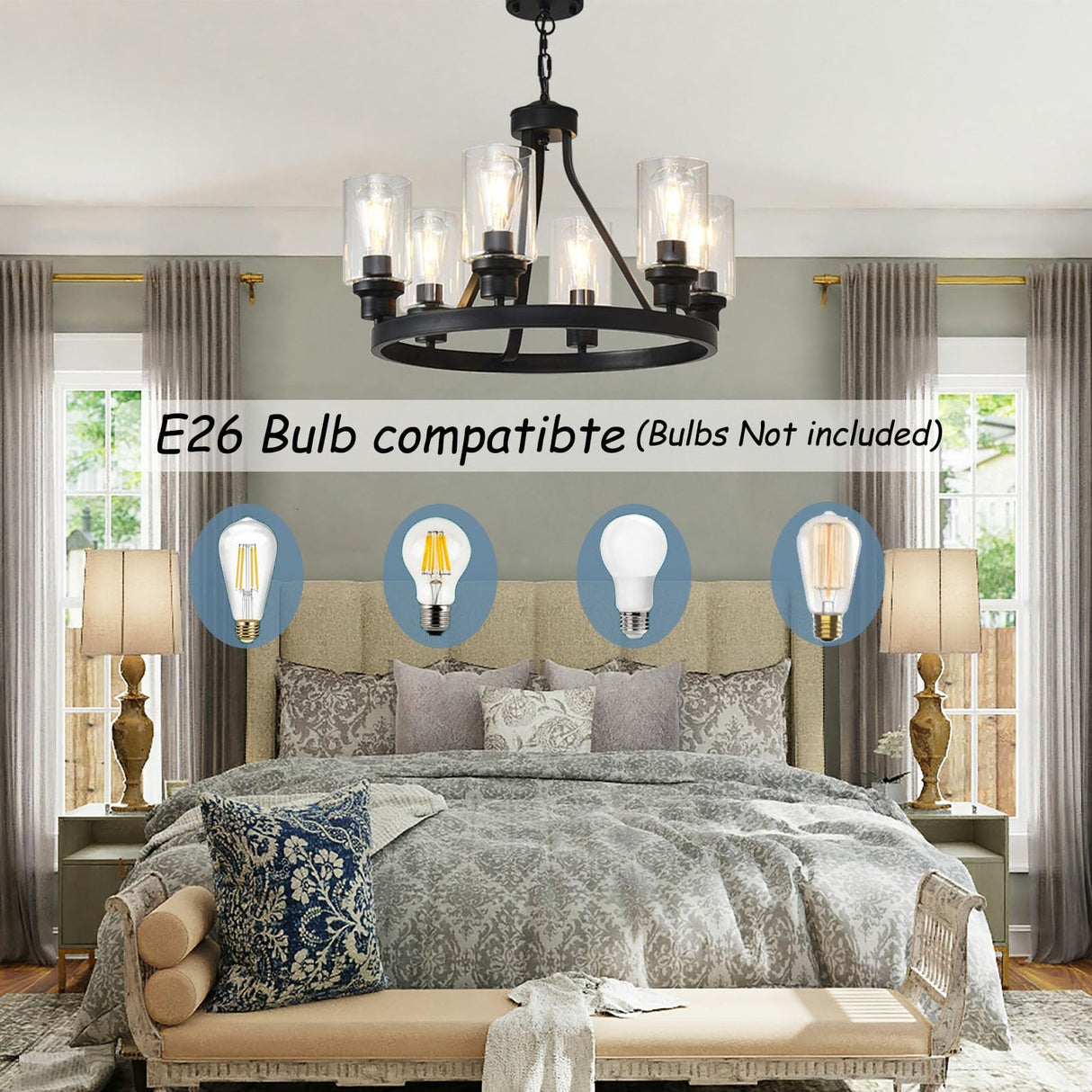 LOFTPLUS Farmhouse Chandelier 6-Light Black Dining Room Light Fixture with Glass Shade Ceiling Hanging Wagon Wheel Chandeliers for Living Room Kitchen Island Entryway Foyer