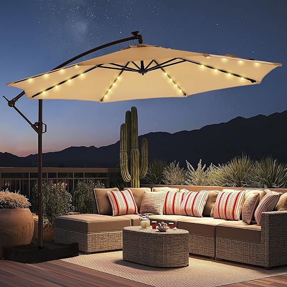 10ft Solar Lights Offset Cantilever Patio Umbrella - w/Light and Base
