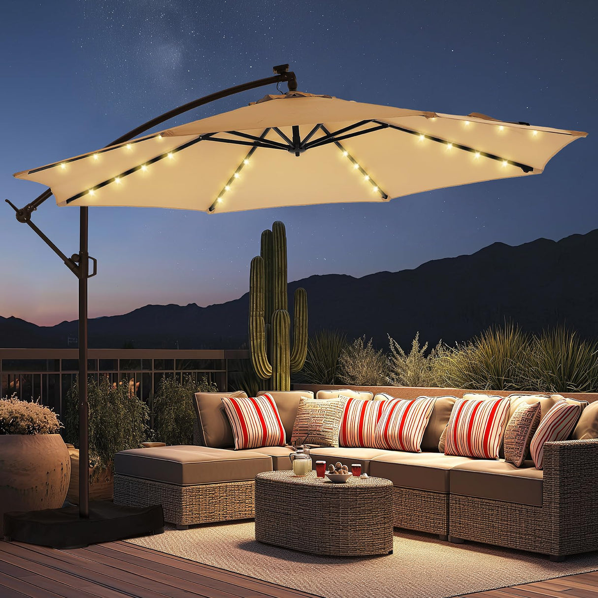 10ft Solar Lights Offset Cantilever Patio Umbrella - w/Light and Base