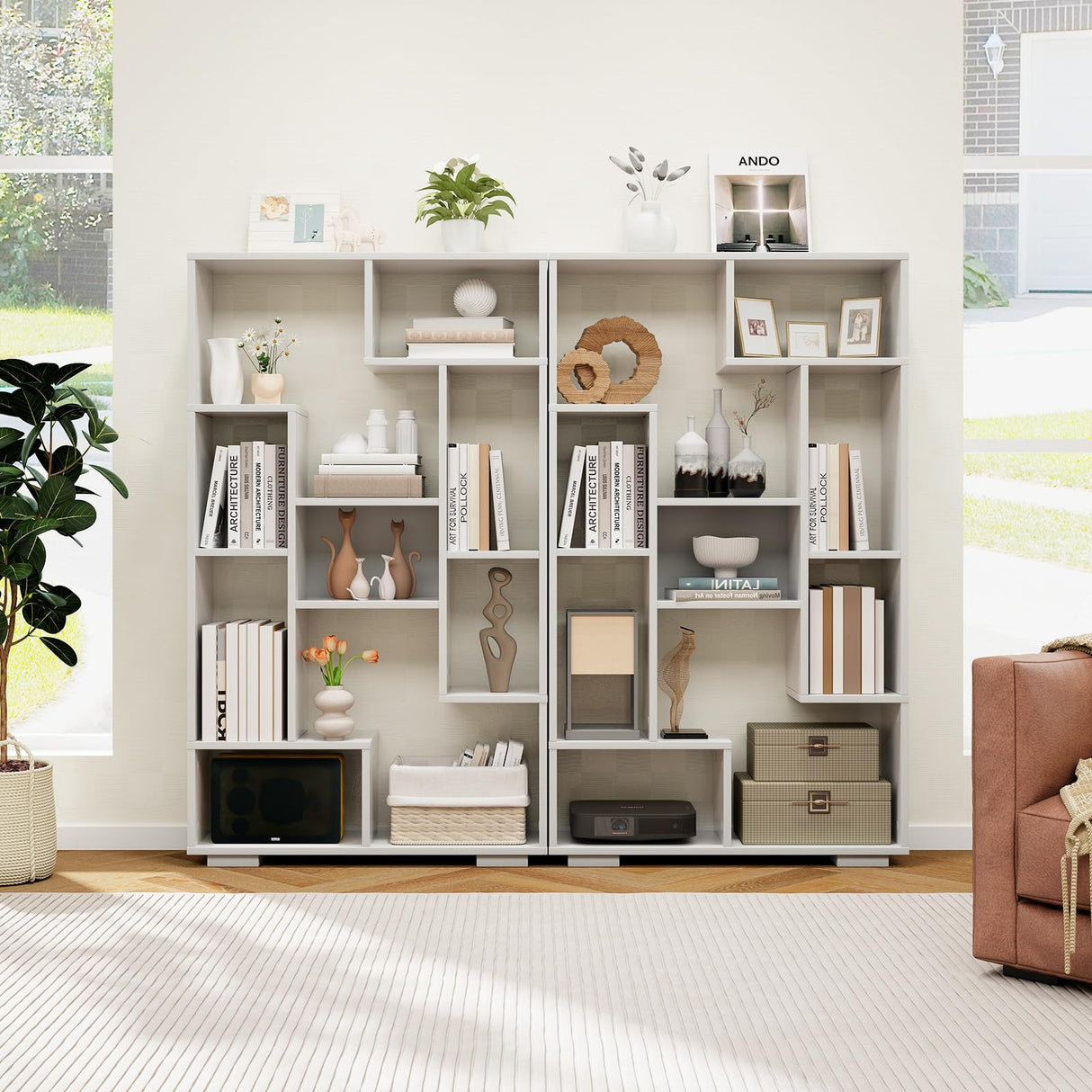 Geometric Bookshelf, 47 Inch Tall Bookcase with Multiple Open Shelves