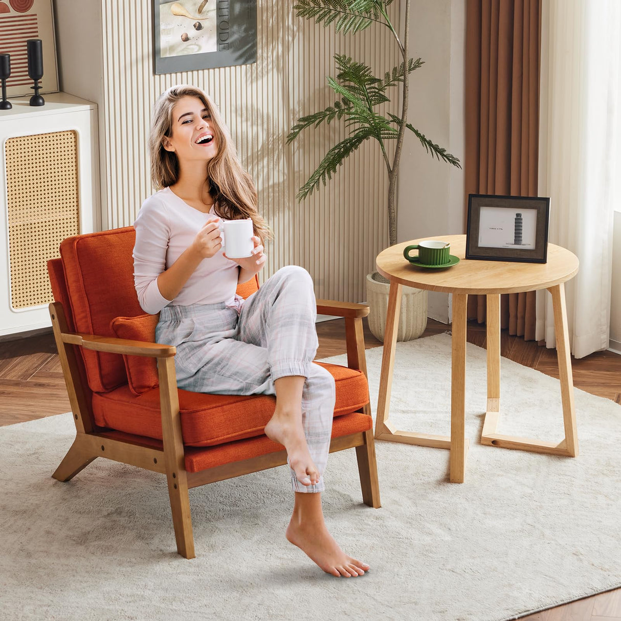 Accent Chair Wide Armrest Mid-Century Lounge Chair Linen Fabric Armchair