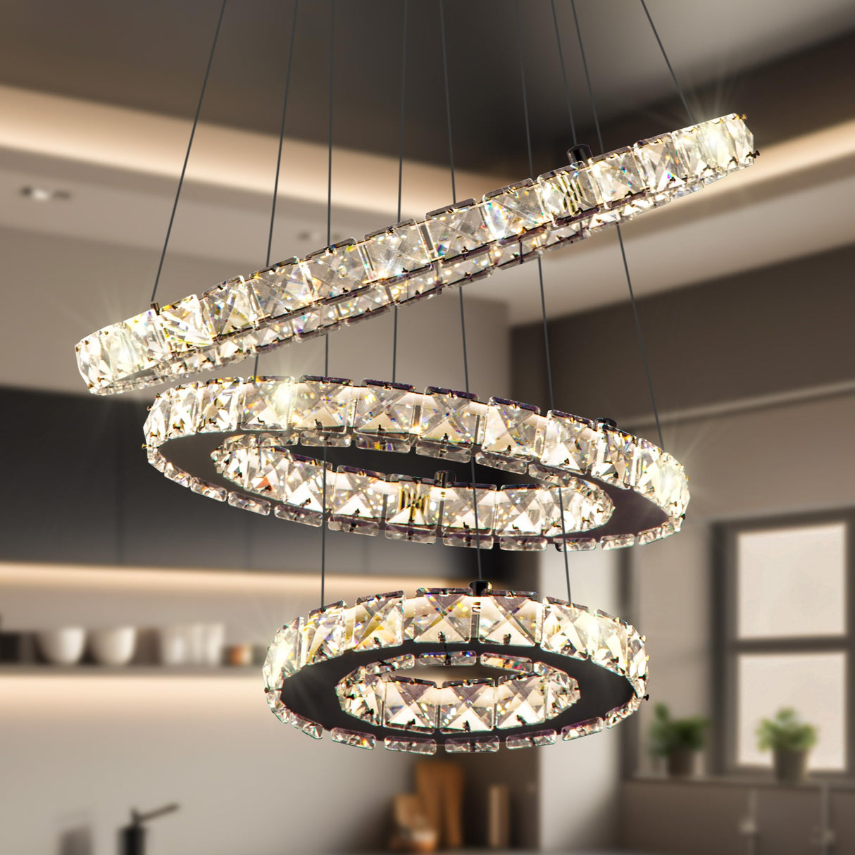 LED Chandelier, 3 Ring Crystal Chandelier Dimmable Adjustable Height Stainless Steel
