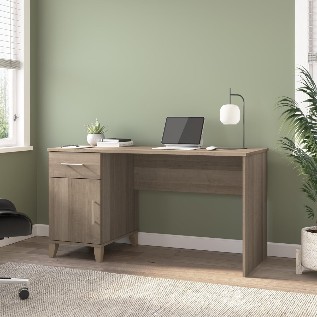Somerset 54W Office Desk with Drawer and Storage Cabinet in Ash Gray | Computer Table for Home Office Workspace