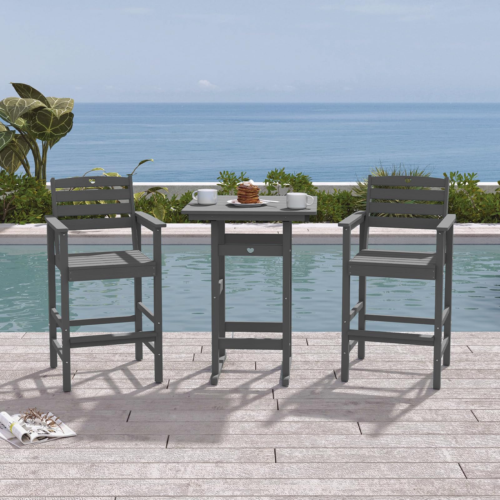 Orbcove 3-Piece Bar Height Patio Table and Chairs Set, HDPE Wood Grain Outdoor Bar Table and Chairs with Heart Cutout Design, Weather-Resistant Bar Height Furniture for Deck, Porch, Pool (Grey)