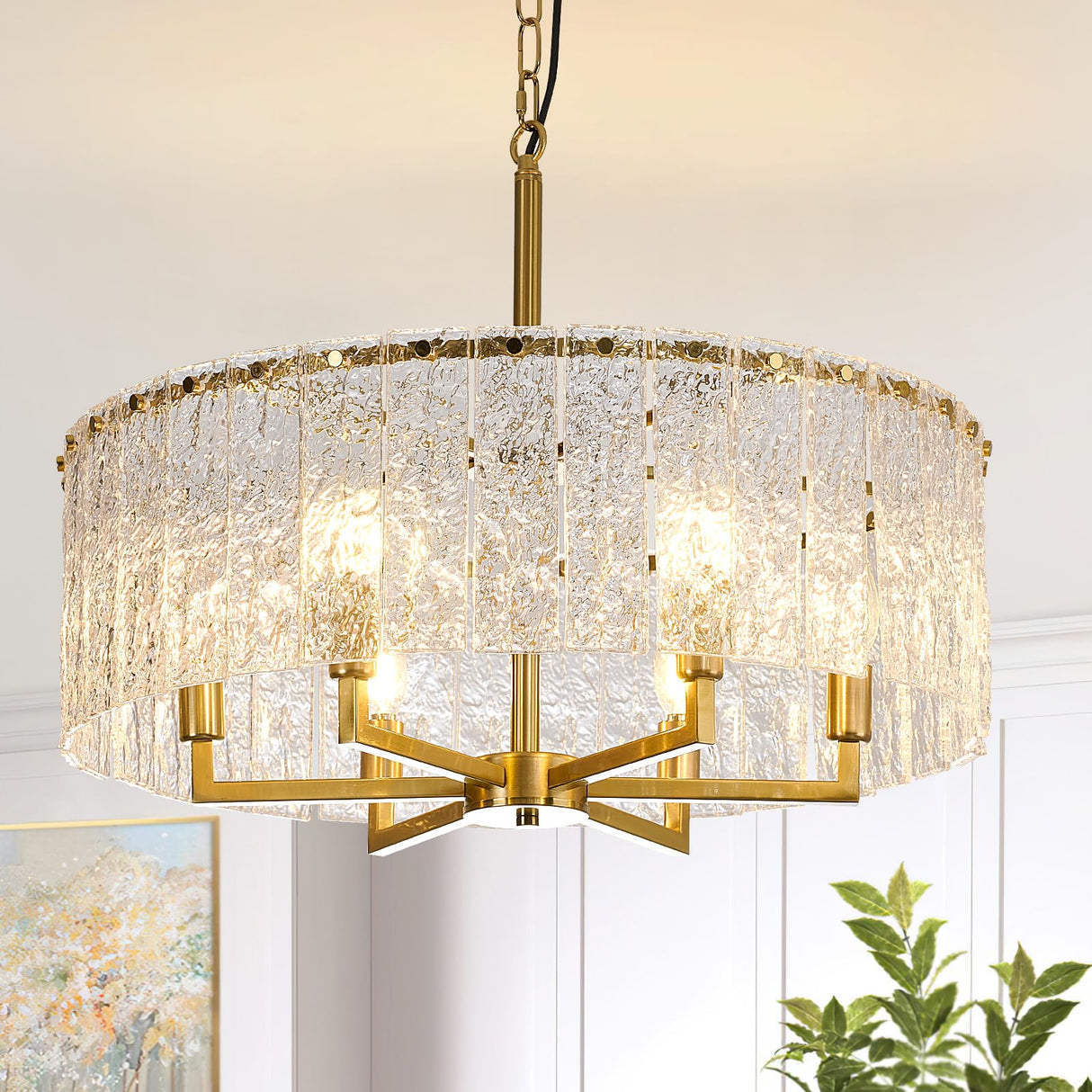 SHBEILOU Modern Chandelier,Luxury Large Chandeliers for Dining Room 23.62”Gold Crystal Chandeliers Handmade Water Ripple Glass Hanging Flush Mount Chandelier for Bedroom,Living Rooms,Entryways,Foyers