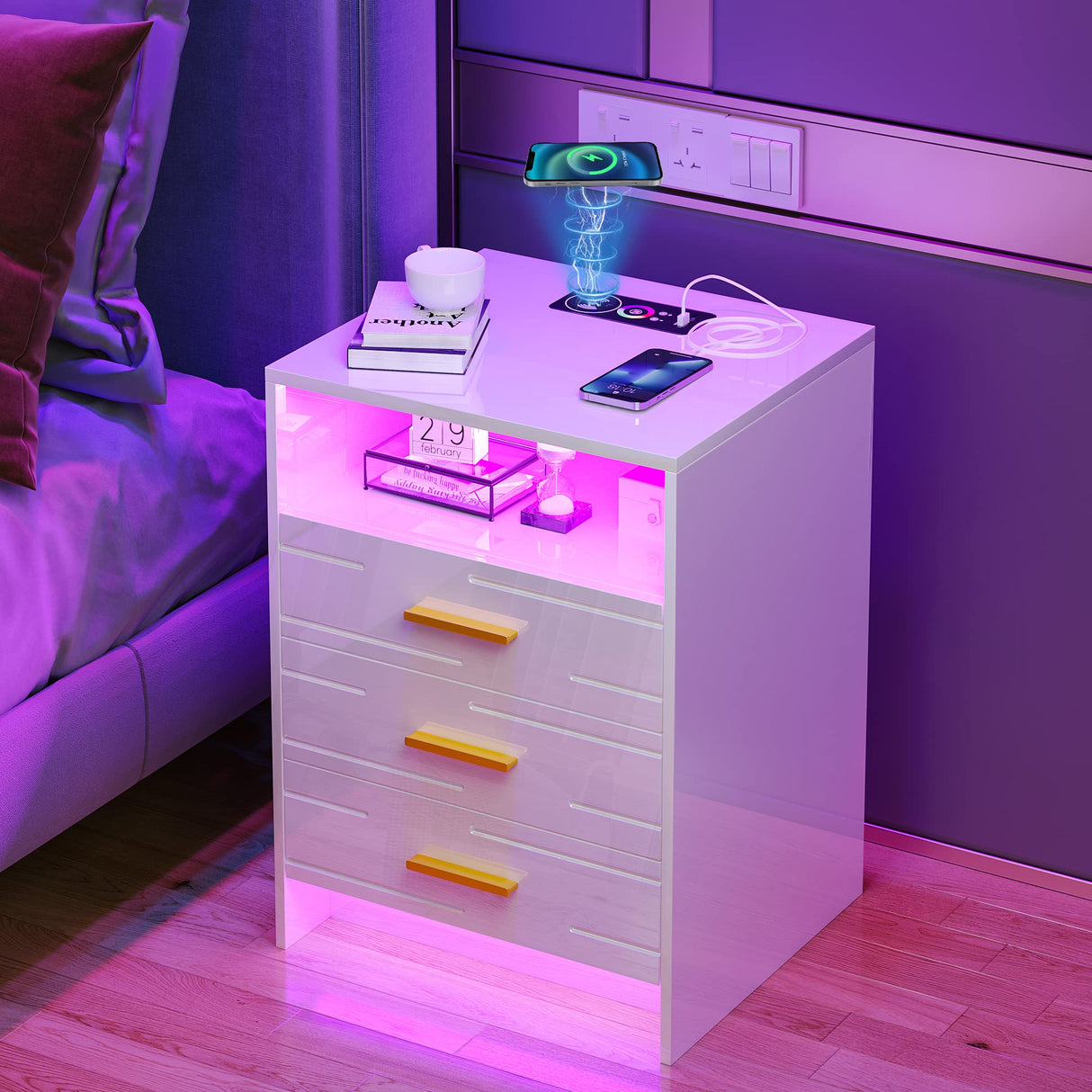 RGB LED Nightstand with Wireless Charging Station, Smart Night Stand with Motion