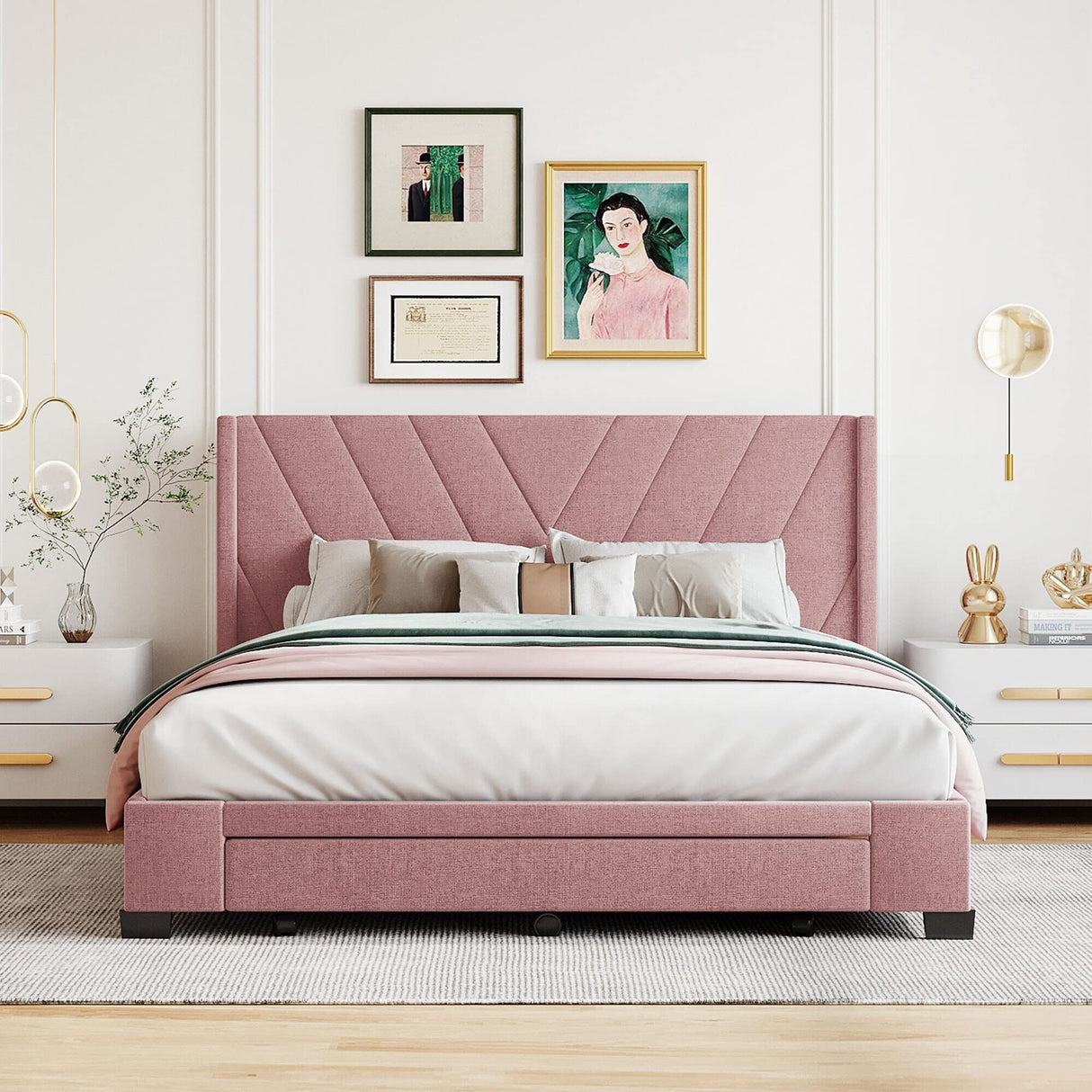 Storage Bed Upholstered Platform Bed with 3 Drawers Pink