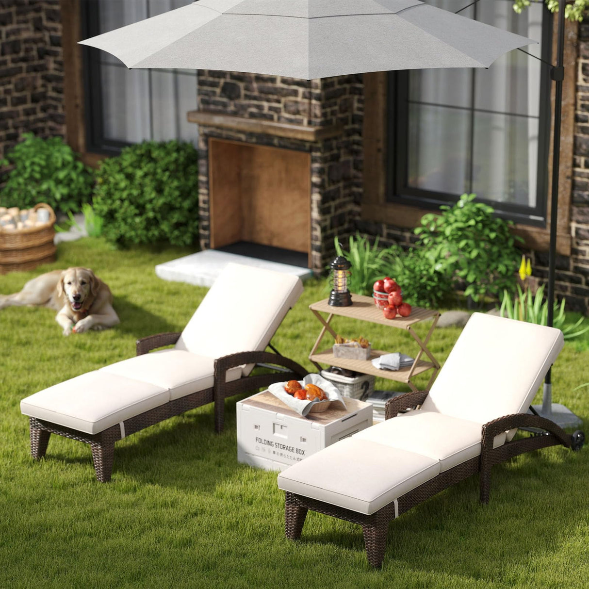 Patio Chaise Lounge Set of 2, Outdoor Wicker Chaise Lounges with Wheels
