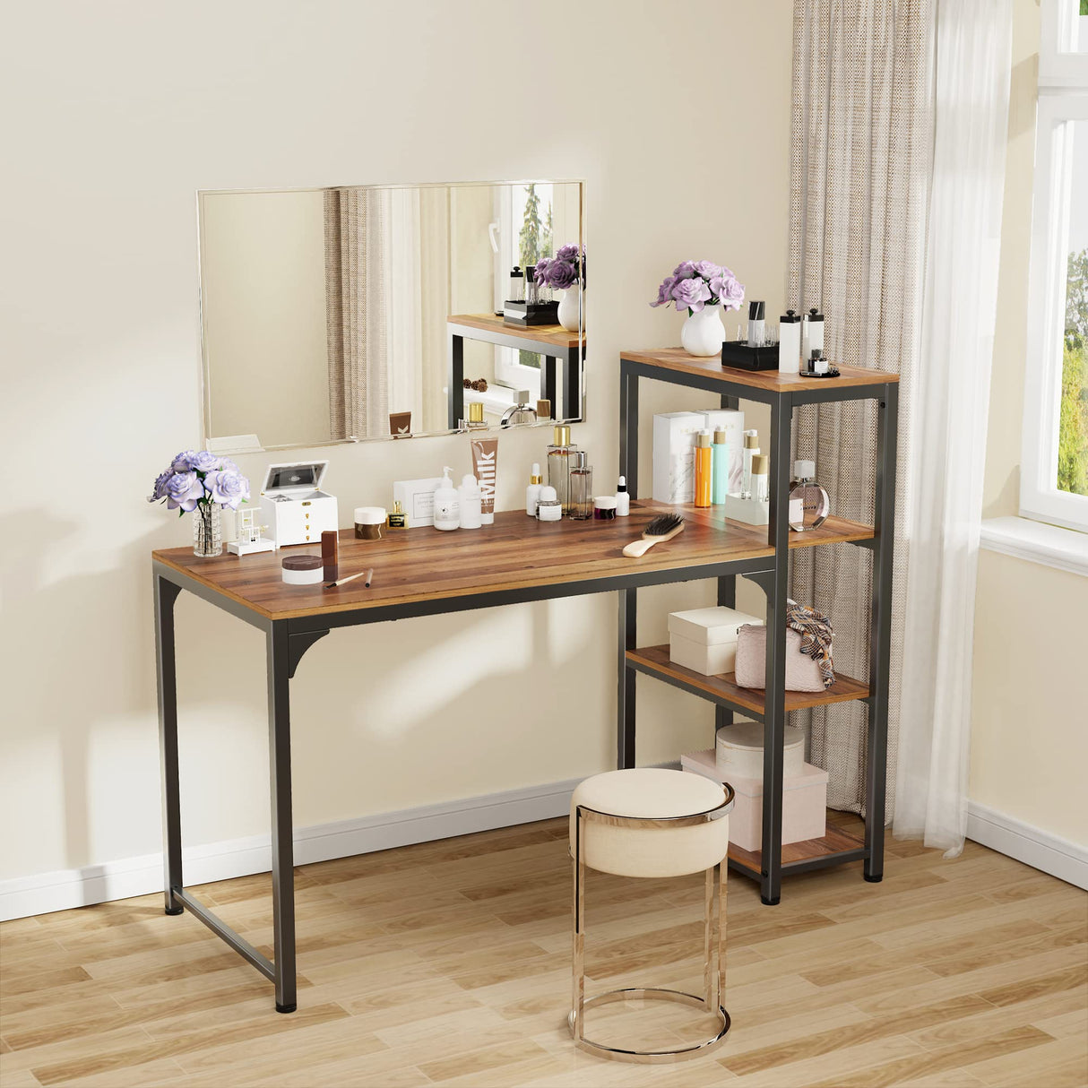 Computer Desk with 4 Tier Shelves, 55 Inch Heavy Duty Writing Study Table