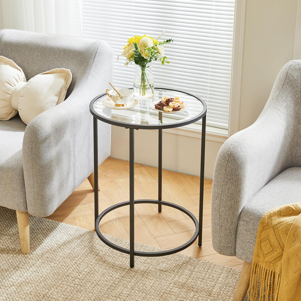 Round End Table, Tempered Glass Sofa Side Table, Coffee Table for Office Bedroom