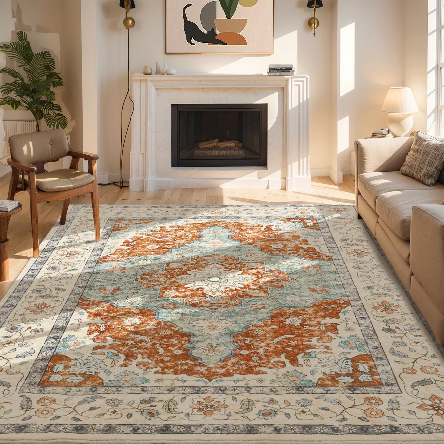 Washable Area Rug - 5'x7' Boho Living Room Rug, Non-Slip Soft Rugs Indoor for Bedroom