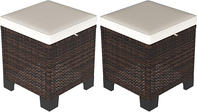 2 Pieces Outdoor Patio Ottomans, All Weather Wicker Outdoor Footstools