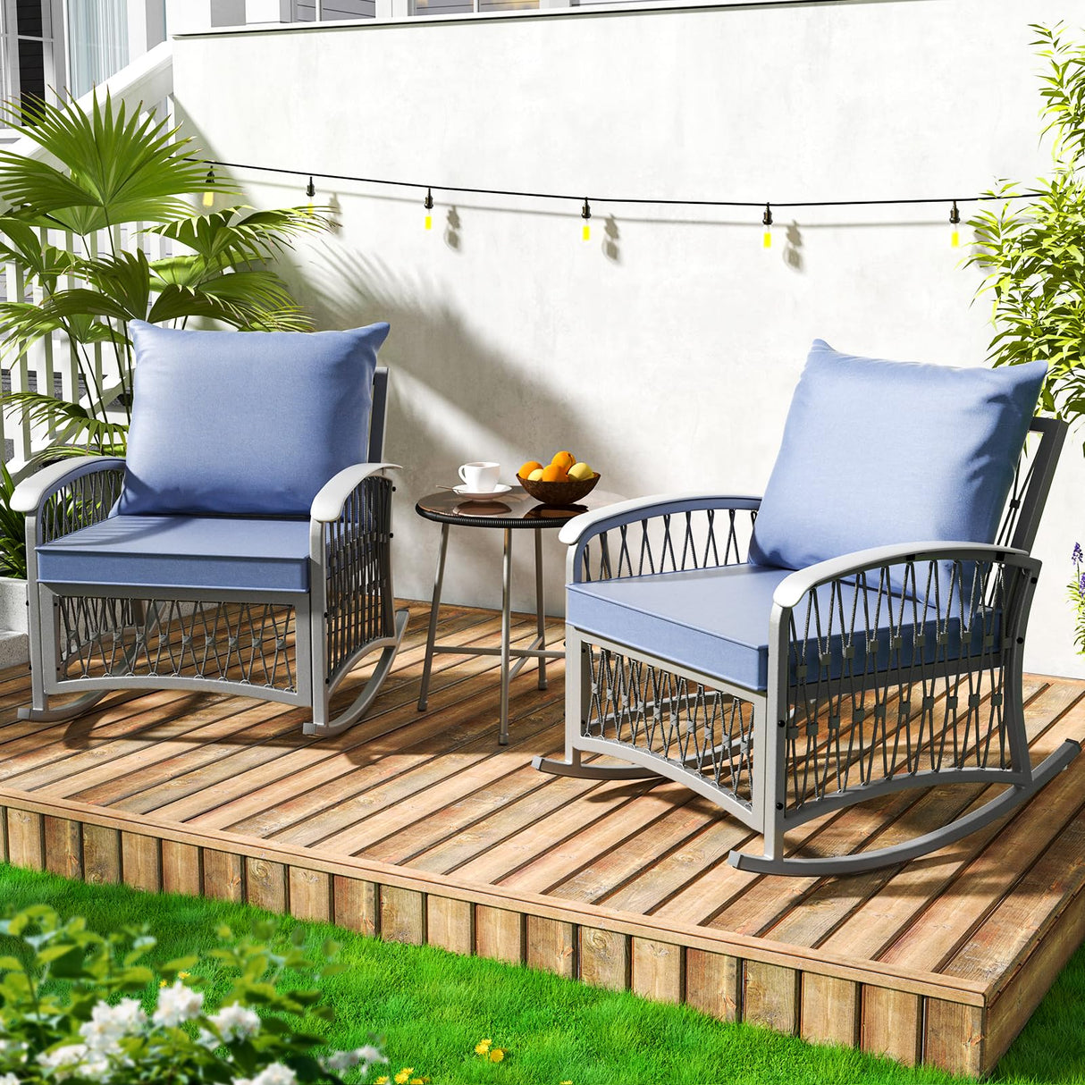 Outdoor Rocking Chairs Patio Bistro Set - 3 Piece with Glass Table & Cushions