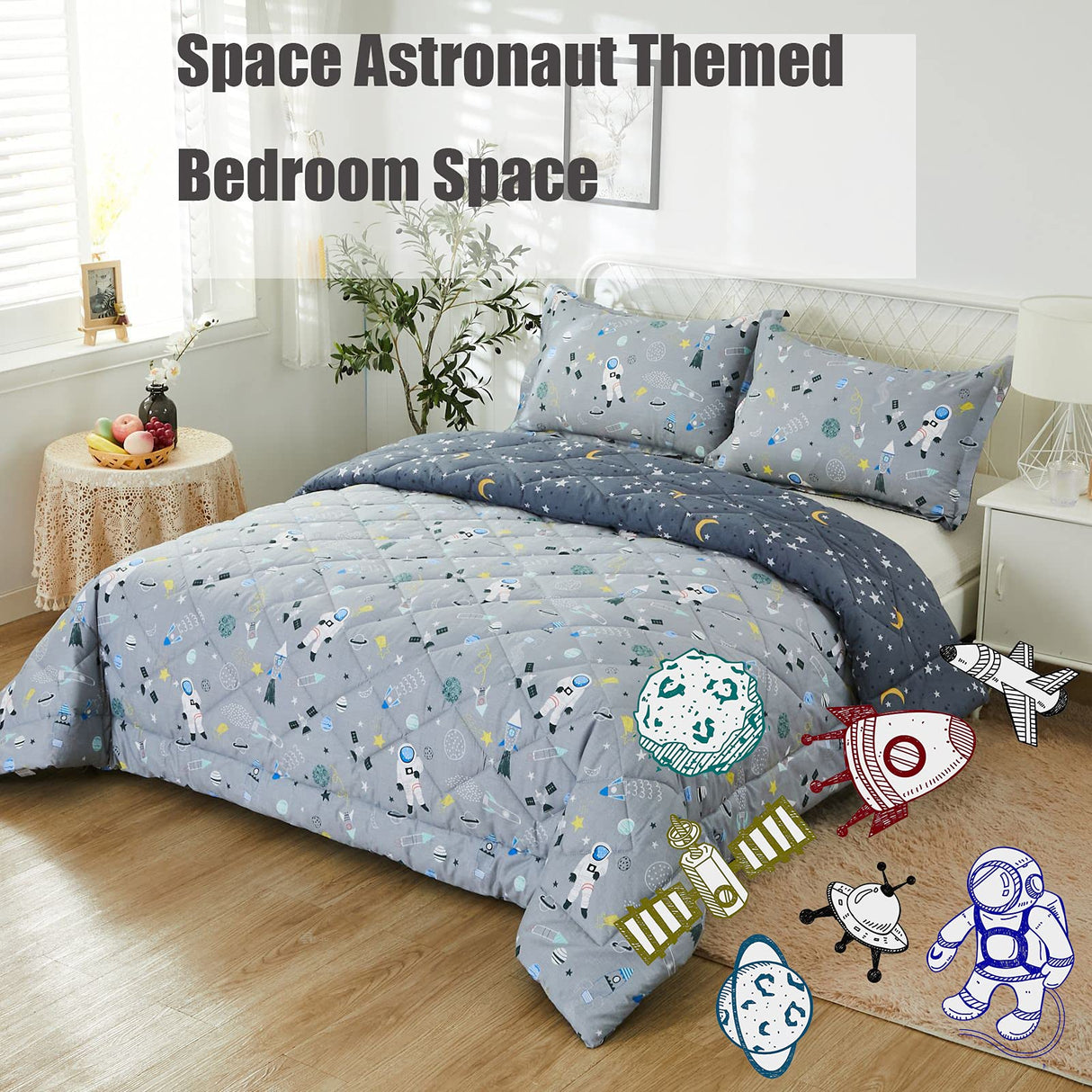 Kids Space Bedding Set Queen/Full - 100% Cotton Galaxy Comforter 3-Piece
