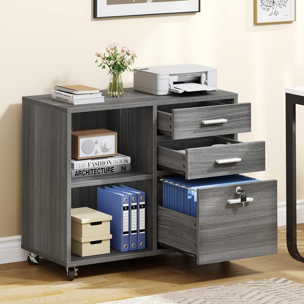 Wood File Cabinet, 3 Drawer Mobile Lateral Filing Cabinet, Storage Cabinet Printer Stand