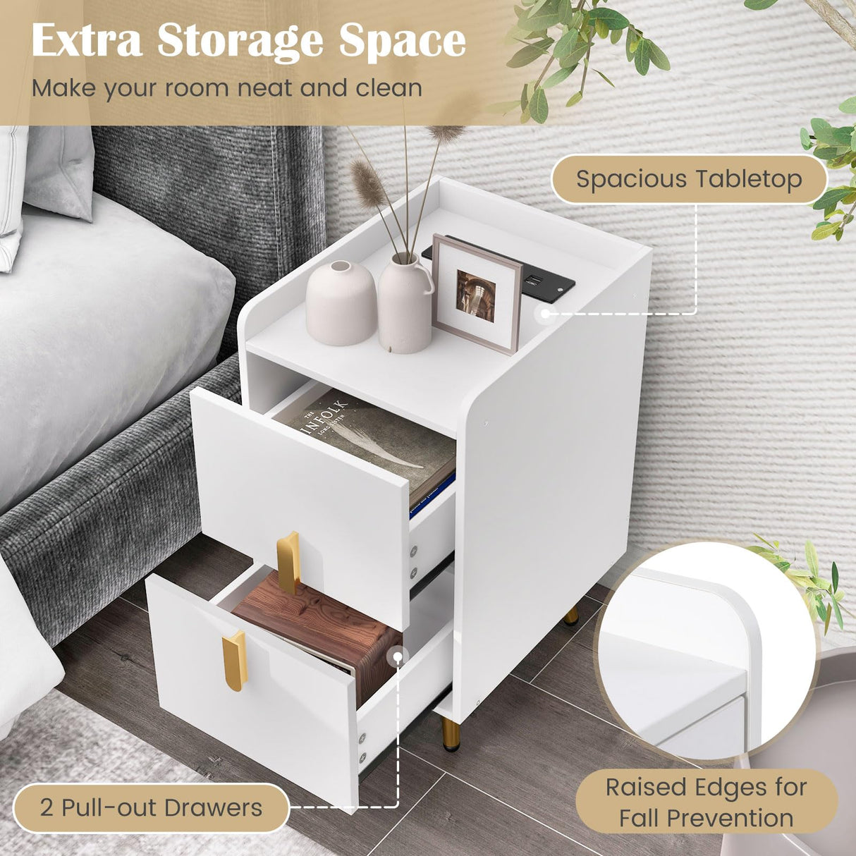 Nightstand with Charging Station, Narrow End Table with 2 Drawers & Metal