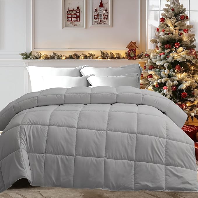Feather and Down Comforter King Size, Lightweight Duvet Insert, Ultra-Soft 100% Cotton Shell Light Warmth Bedding Comforters(White